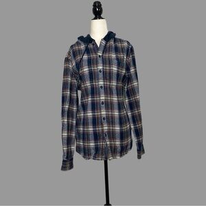 💜M💜 Buttondown Flannel Hoodie Hood Drawstring Plaid Warm Long Sleeve Cotton